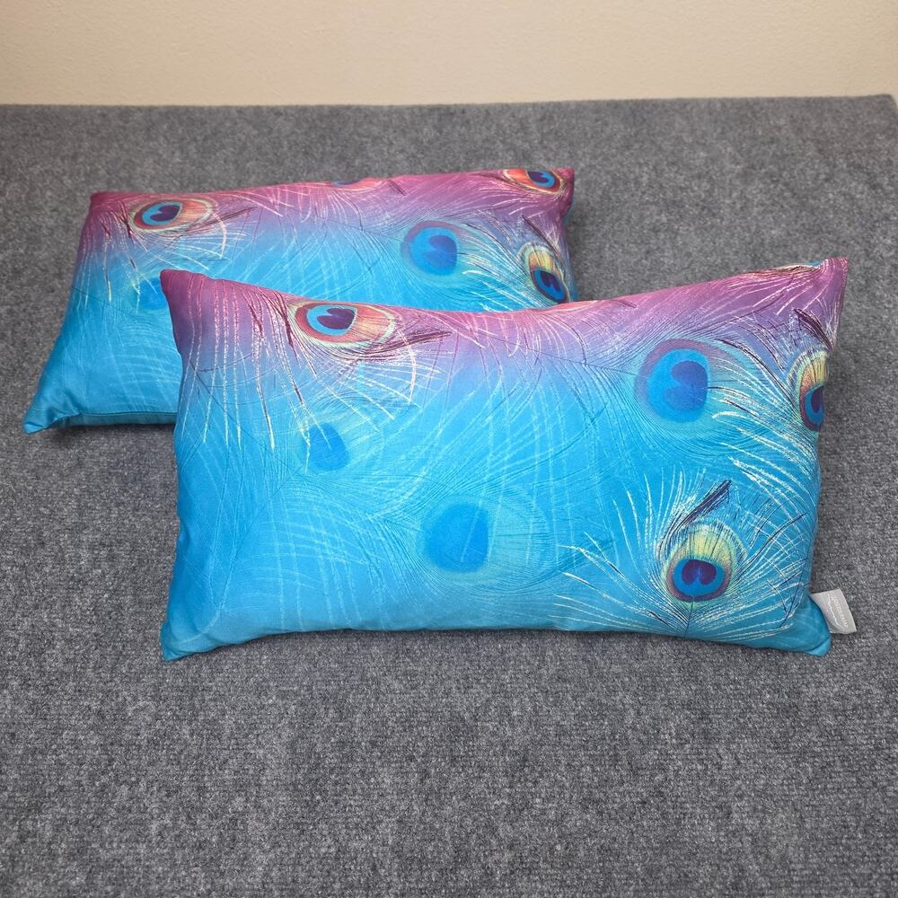 Aviva Stanoff Peacock Feather Pillows Set of 2 Blue 13x21 Feather Down